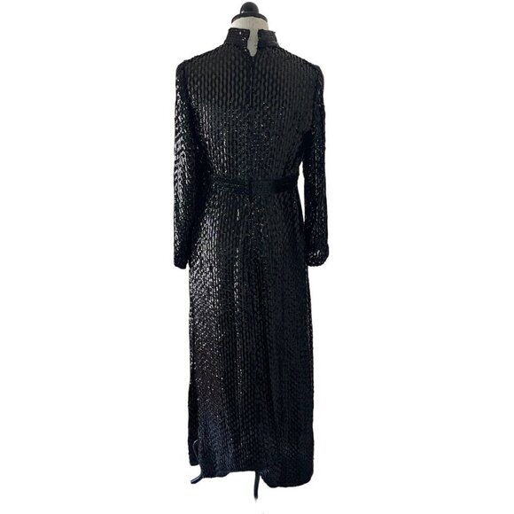Vintage Womens Dress Black Size S Sequin Maxi Side Slit Mock Neck Long Sleeve - Picture 2 of 9